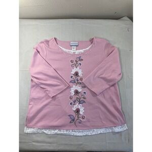 Alfred Dunner Petite‎ Pink Floral Embroidered Lace Trim Top Women PL